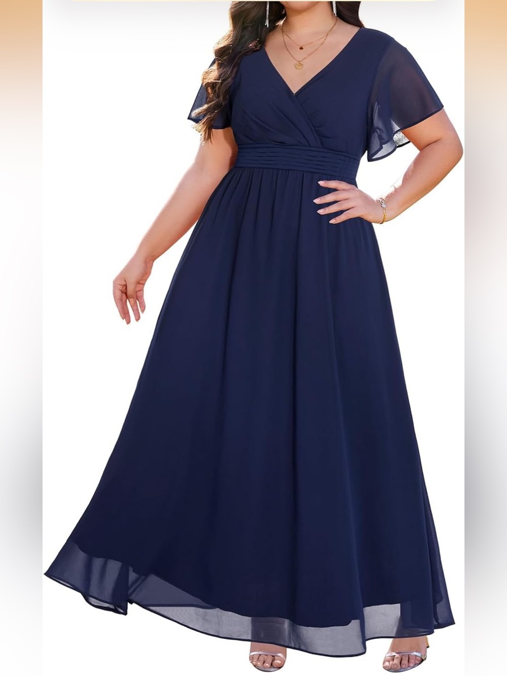 Plus Size Navy V-Neck Chiffon Maxi Dress with Flutter Sleeves